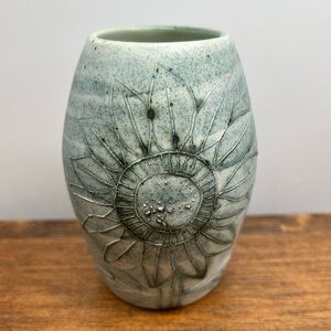 Vintage Carn Studio Pottery Small Vase With Sunflower Design Penzance Cornwall